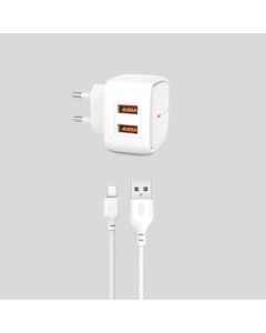 XO L61 2 x USB med MicroUSB Kabel - 2.4 A - Hvid